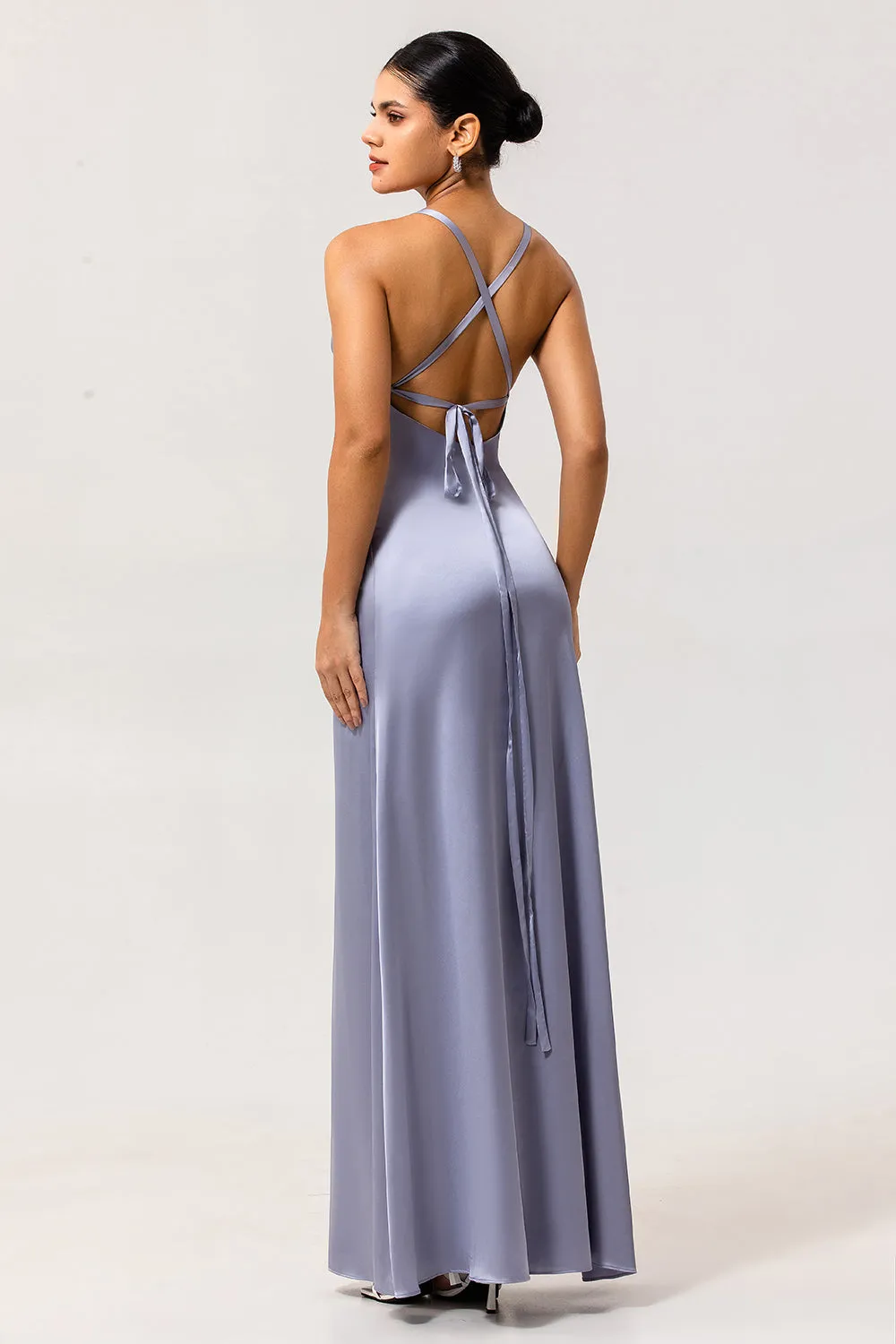 Dusty Blue Sheath Satin Bridesmaid Dress with Sash sold by Zapaka product image thumbnail 5
