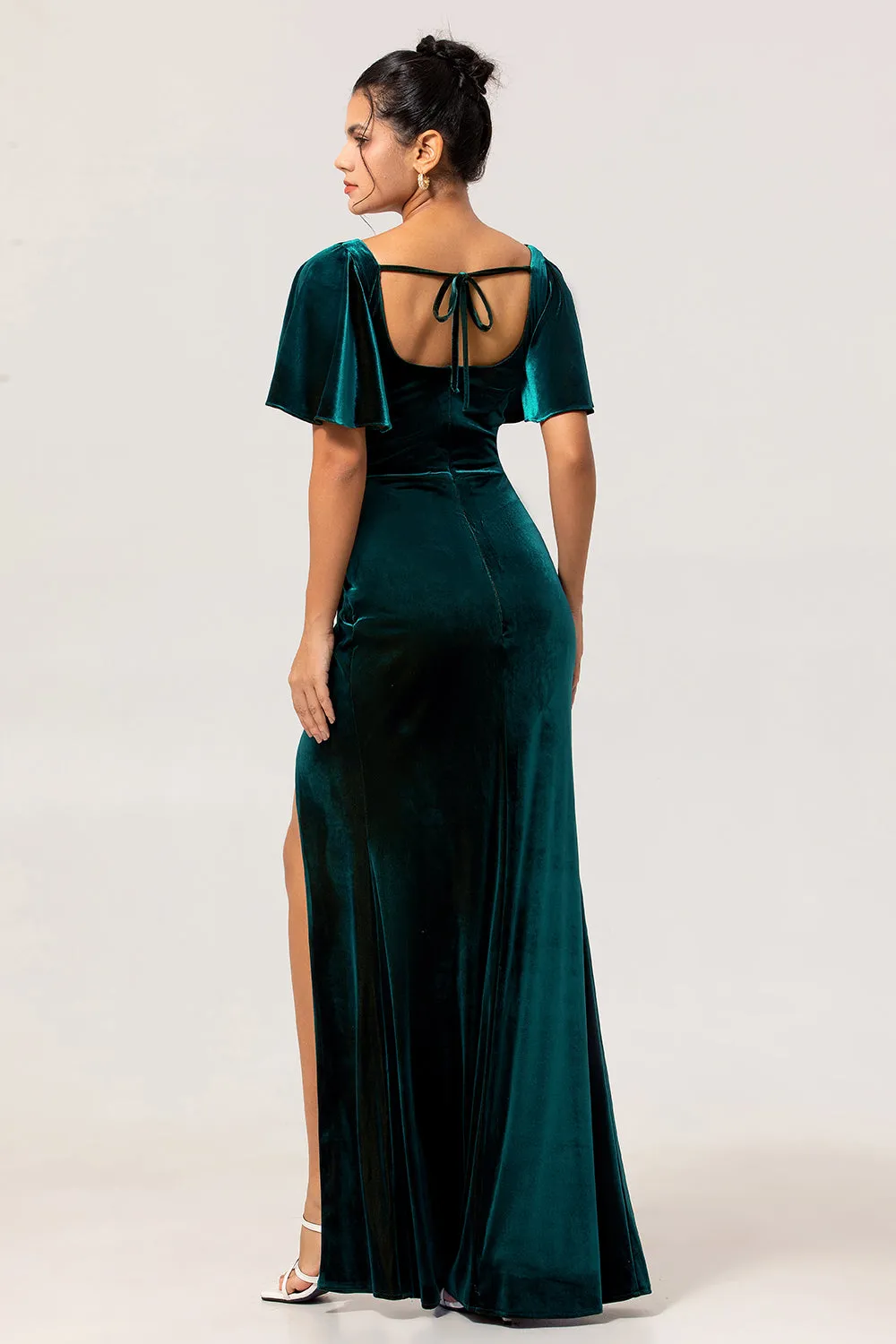 Peacock Green Velvet Sheath Short Sleeves Bridesmaid Dress sold by Zapaka product image thumbnail 2