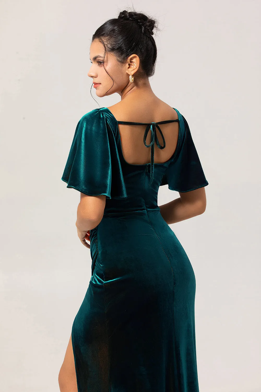 Peacock Green Velvet Sheath Short Sleeves Bridesmaid Dress sold by Zapaka product image thumbnail 5