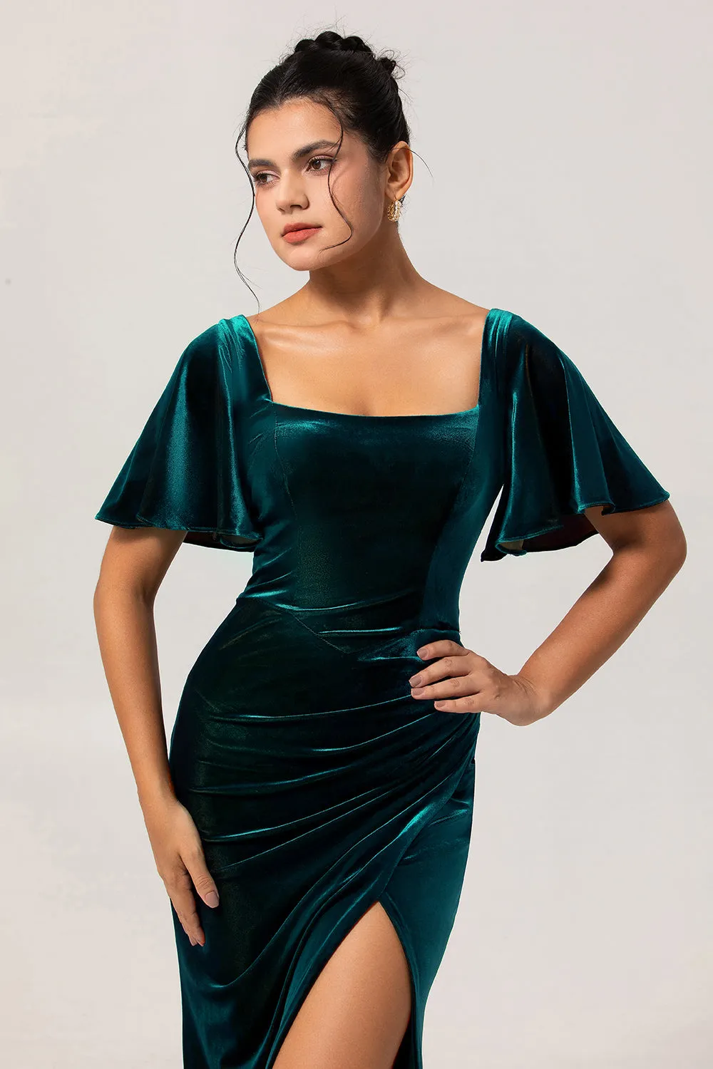 Peacock Green Velvet Sheath Short Sleeves Bridesmaid Dress sold by Zapaka product image thumbnail 4