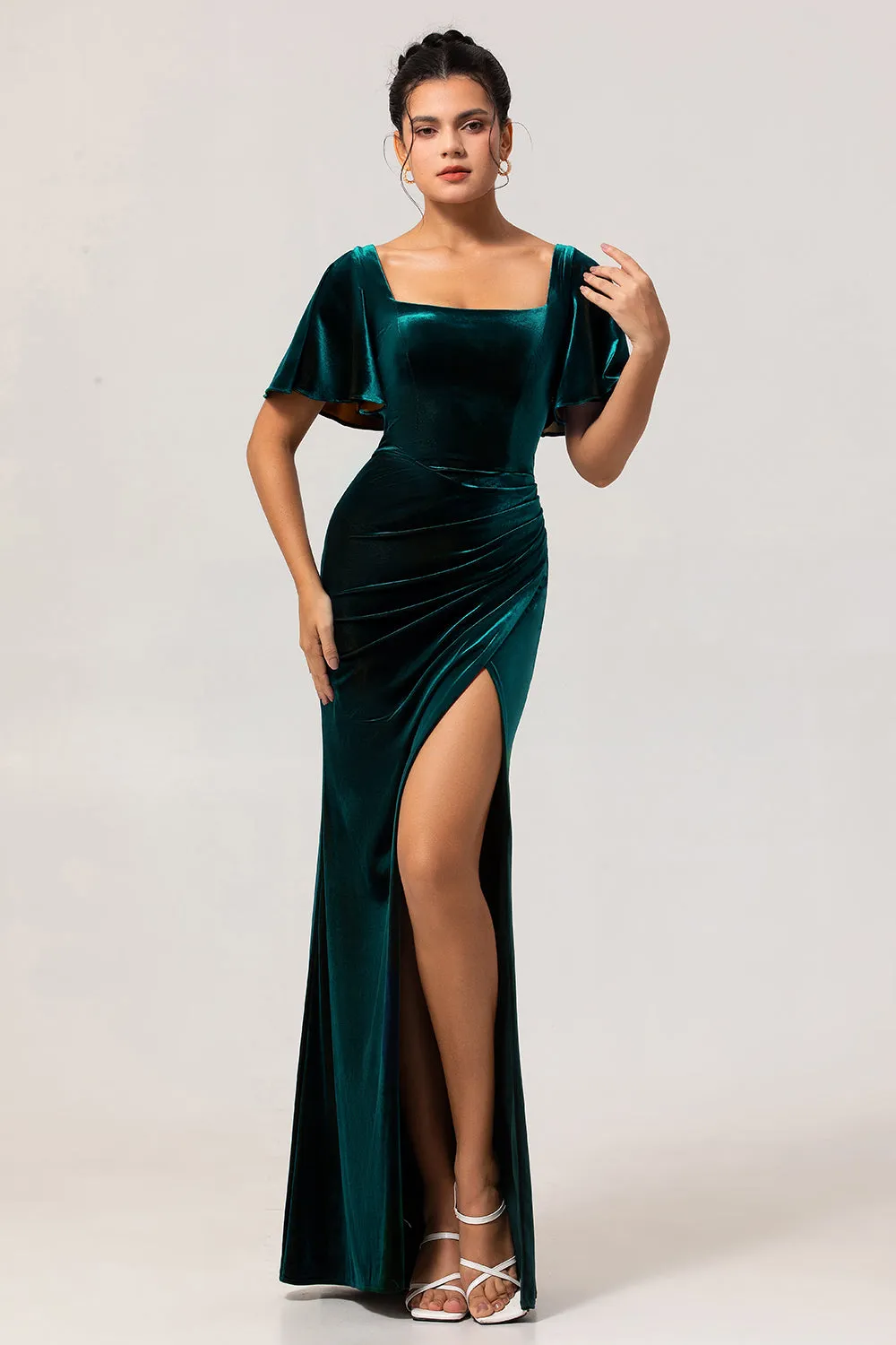 Peacock Green Velvet Sheath Short Sleeves Bridesmaid Dress sold by Zapaka
