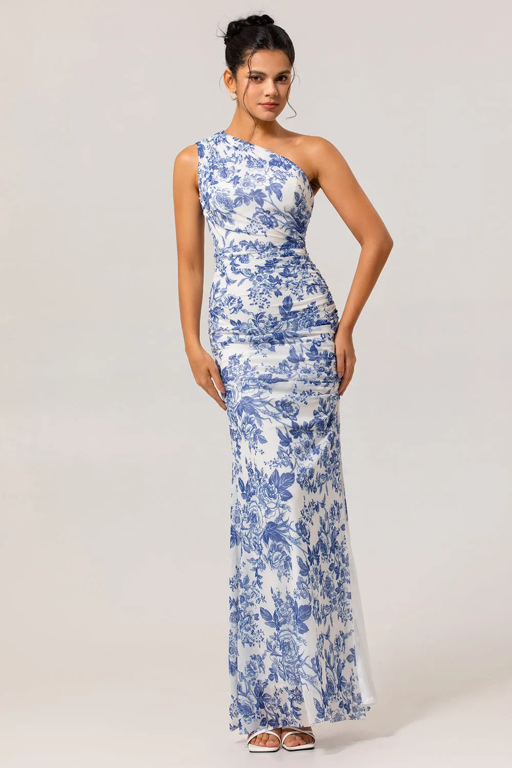 One Shoulder Sheath White Blue Flower Printed Long Bridesmaid Dress with Slit sold by Zapaka