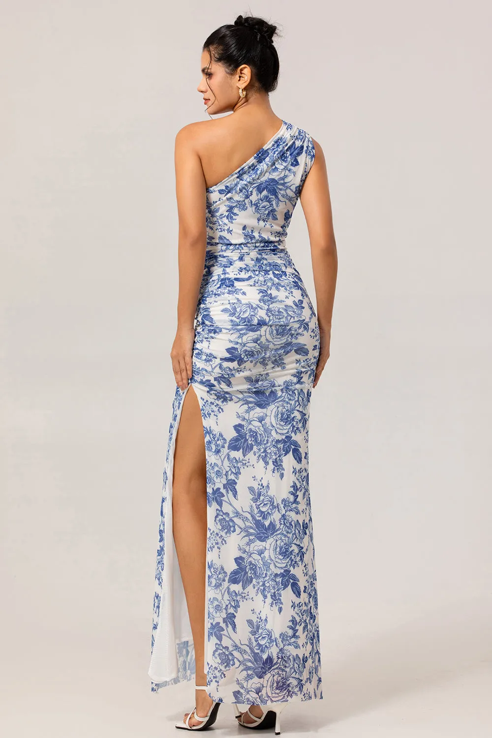 One Shoulder Sheath White Blue Flower Printed Long Bridesmaid Dress with Slit sold by Zapaka product image thumbnail 2