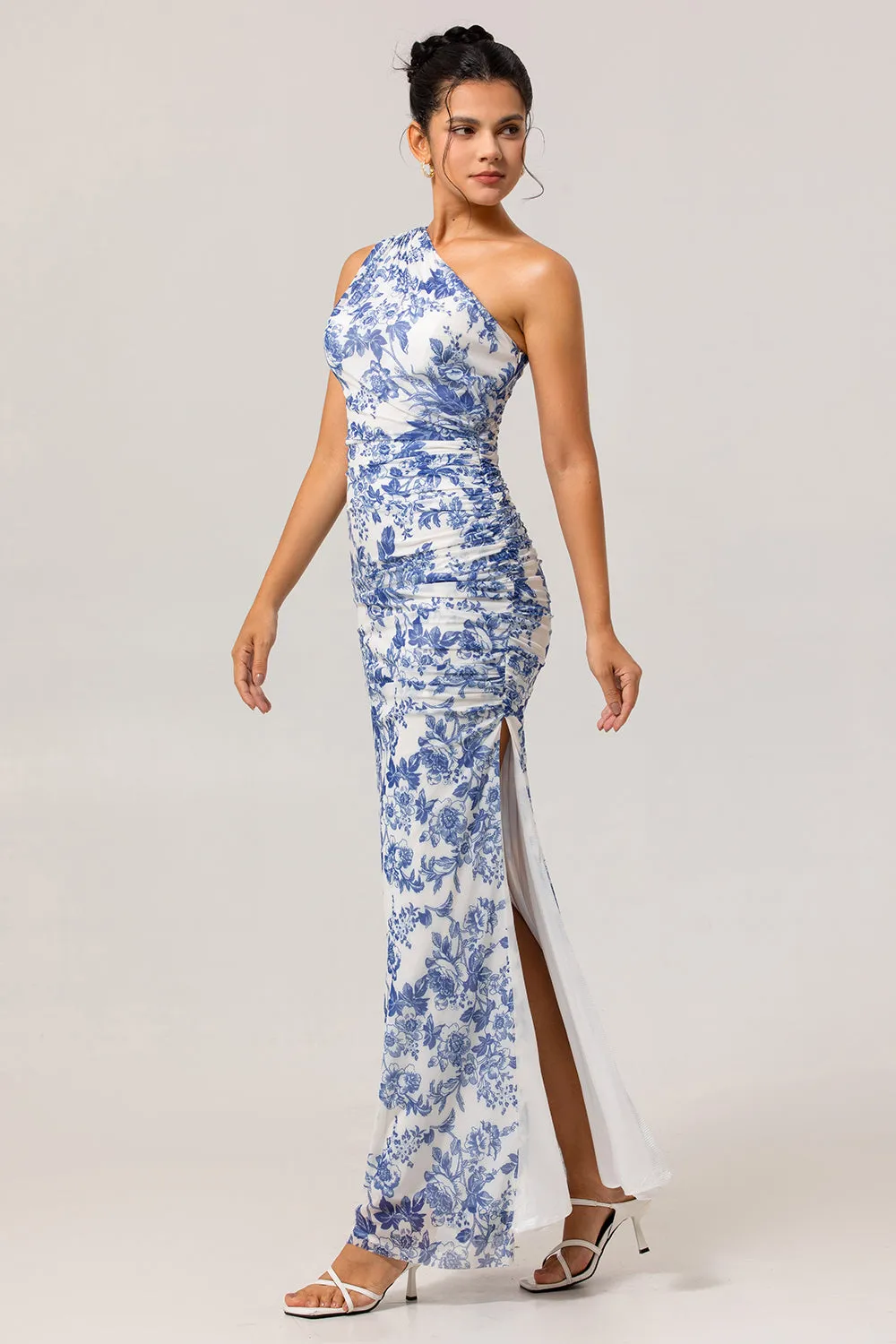 One Shoulder Sheath White Blue Flower Printed Long Bridesmaid Dress with Slit sold by Zapaka product image thumbnail 3