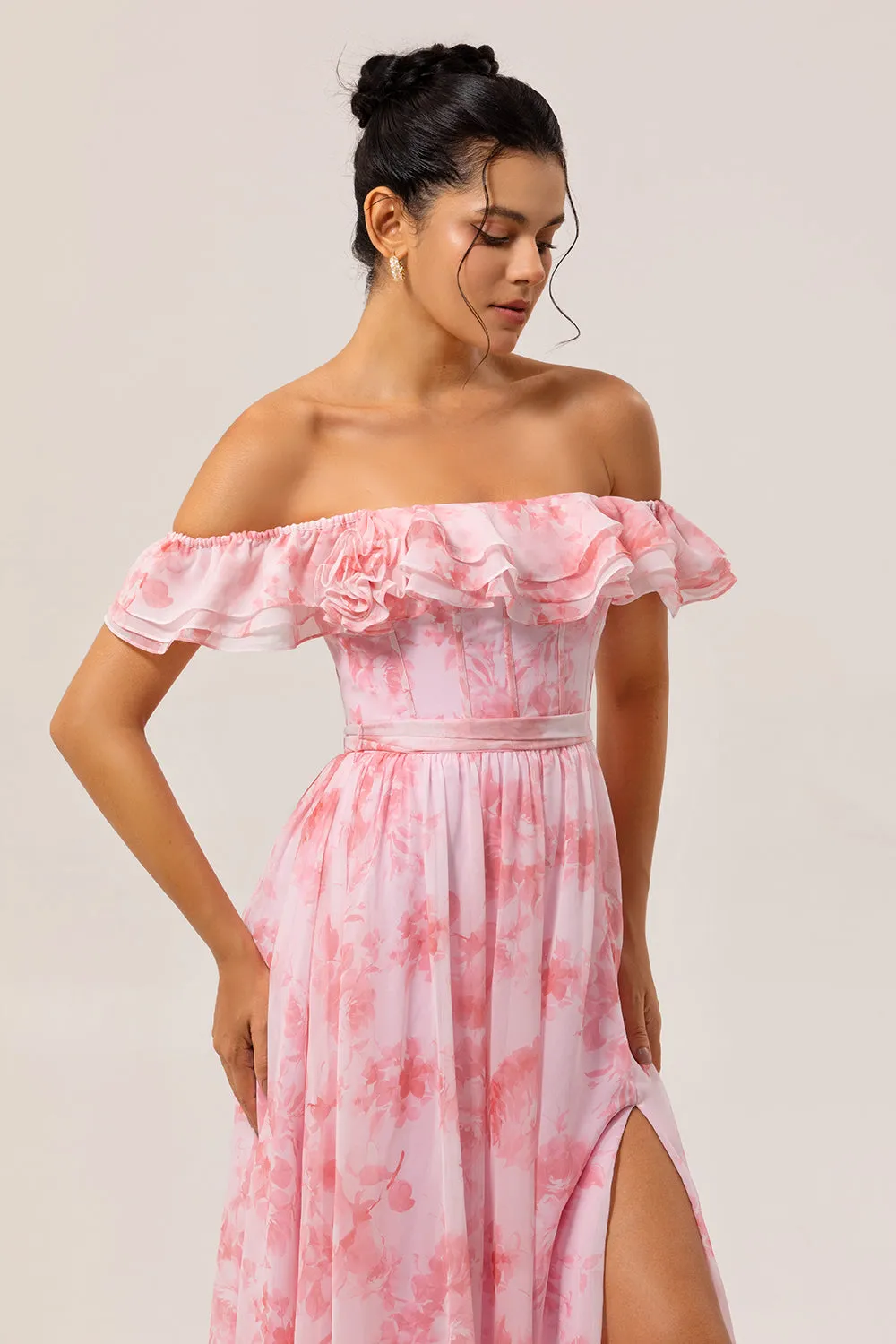 Off The Shoulder Pink Floral A Line Long Bridesmaid Dress with Slit sold by Zapaka product image thumbnail 5