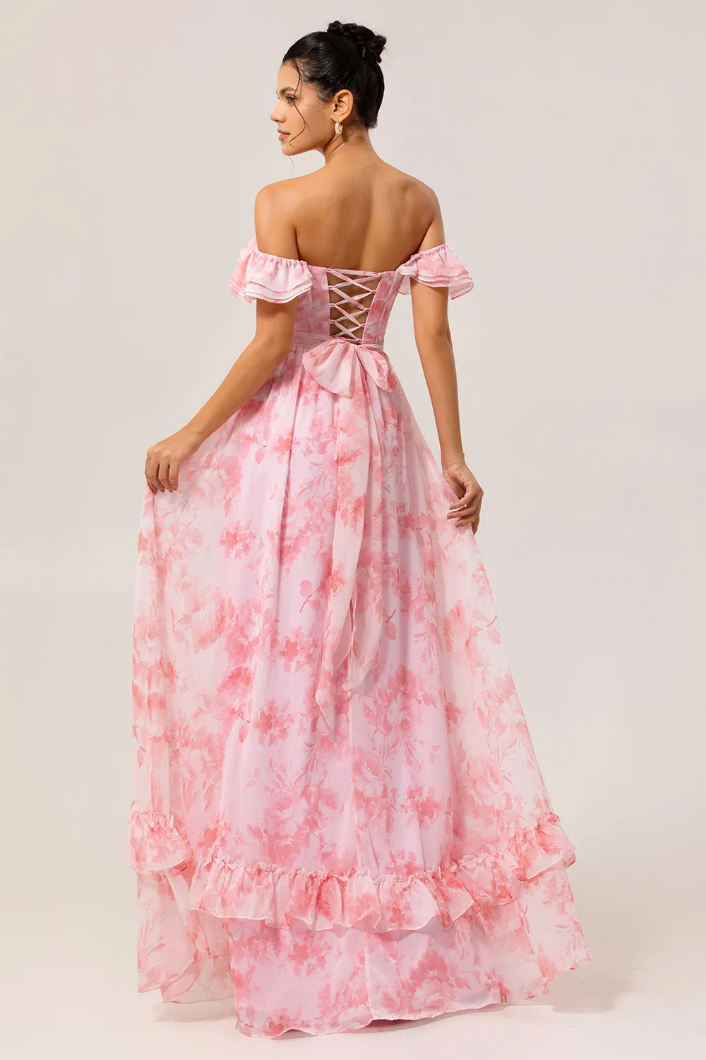 Off The Shoulder Pink Floral A Line Long Bridesmaid Dress with Slit sold by Zapaka product image thumbnail 2