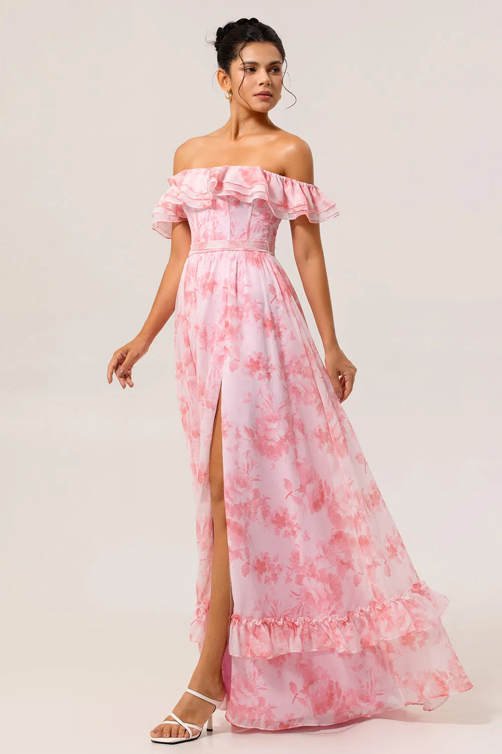 Off The Shoulder Pink Floral A Line Long Bridesmaid Dress with Slit sold by Zapaka product image thumbnail 3