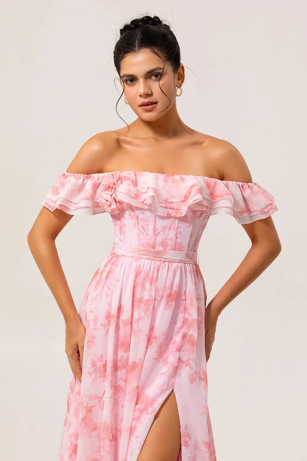 Off The Shoulder Pink Floral A Line Long Bridesmaid Dress with Slit sold by Zapaka product image thumbnail 4