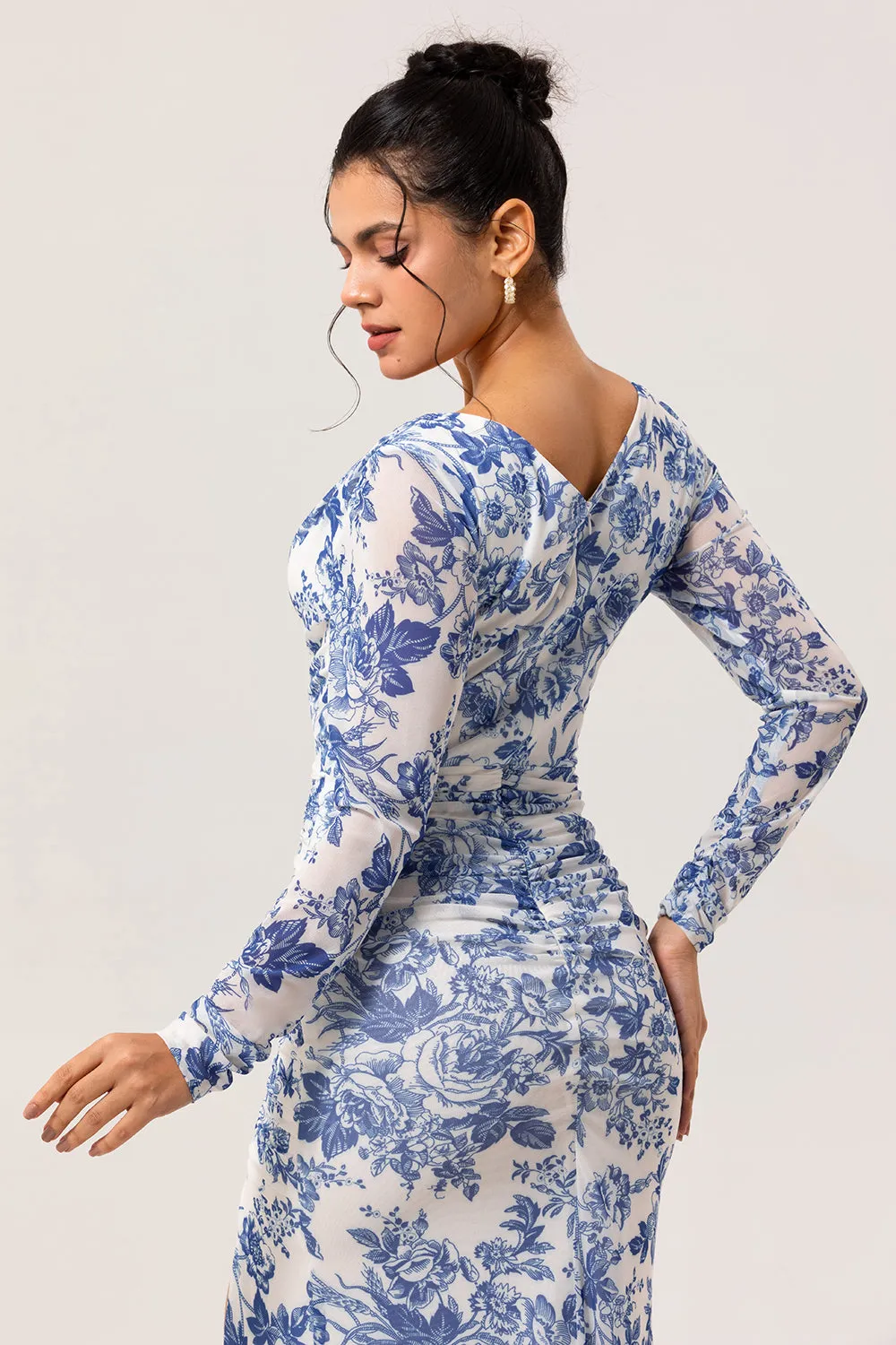 White Blue Flower V Neck Sheath Print Long Sleeves Bridesmaid Dress with Slit sold by Zapaka product image thumbnail 5