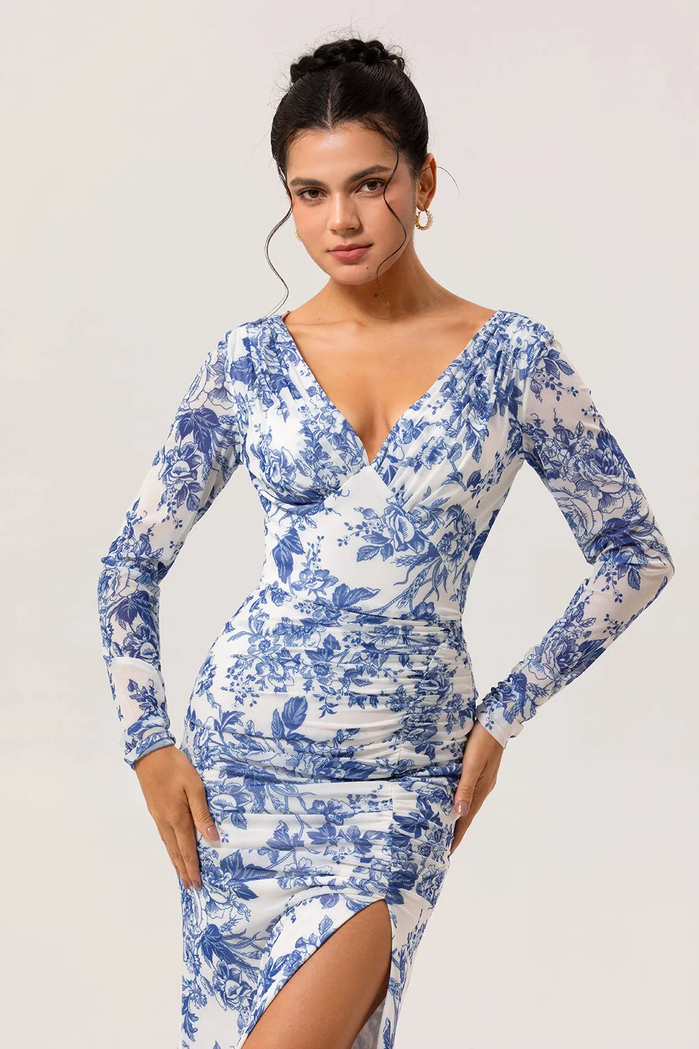 White Blue Flower V Neck Sheath Print Long Sleeves Bridesmaid Dress with Slit sold by Zapaka product image thumbnail 4