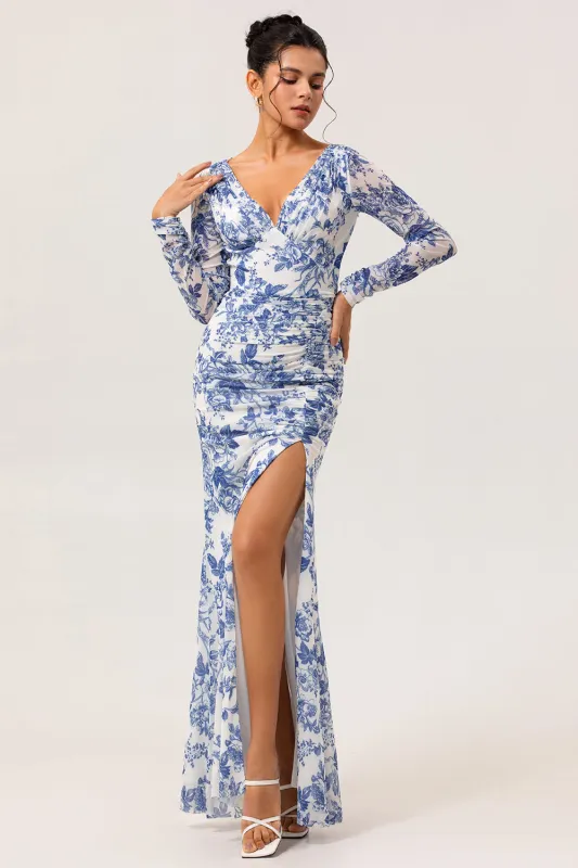 White Blue Flower V Neck Sheath Print Long Sleeves Bridesmaid Dress with Slit sold by Zapaka