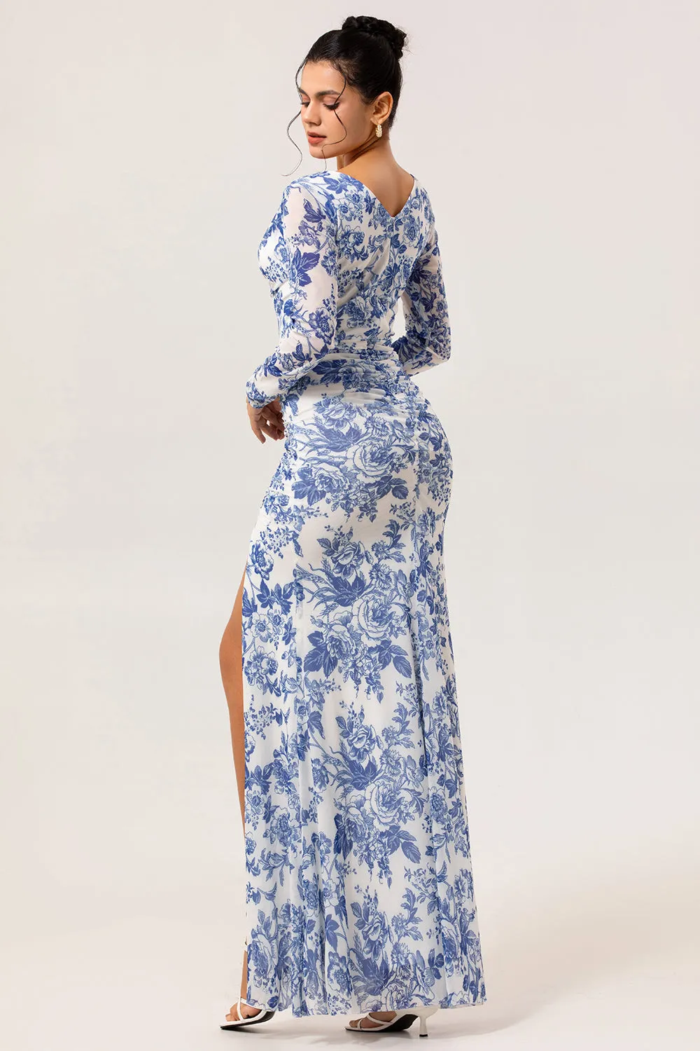White Blue Flower V Neck Sheath Print Long Sleeves Bridesmaid Dress with Slit sold by Zapaka product image thumbnail 2