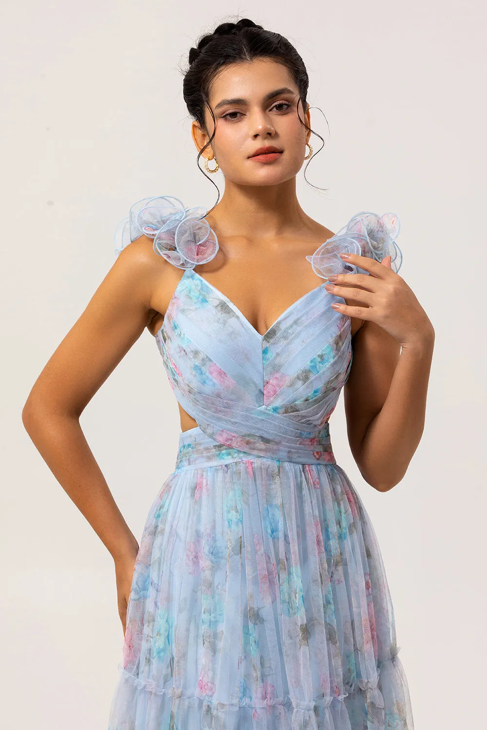Blue A Line Cut Out Floral Long Bridesmaid Dress sold by Zapaka product image thumbnail 4