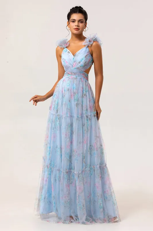 Blue A Line Cut Out Floral Long Bridesmaid Dress sold by Zapaka