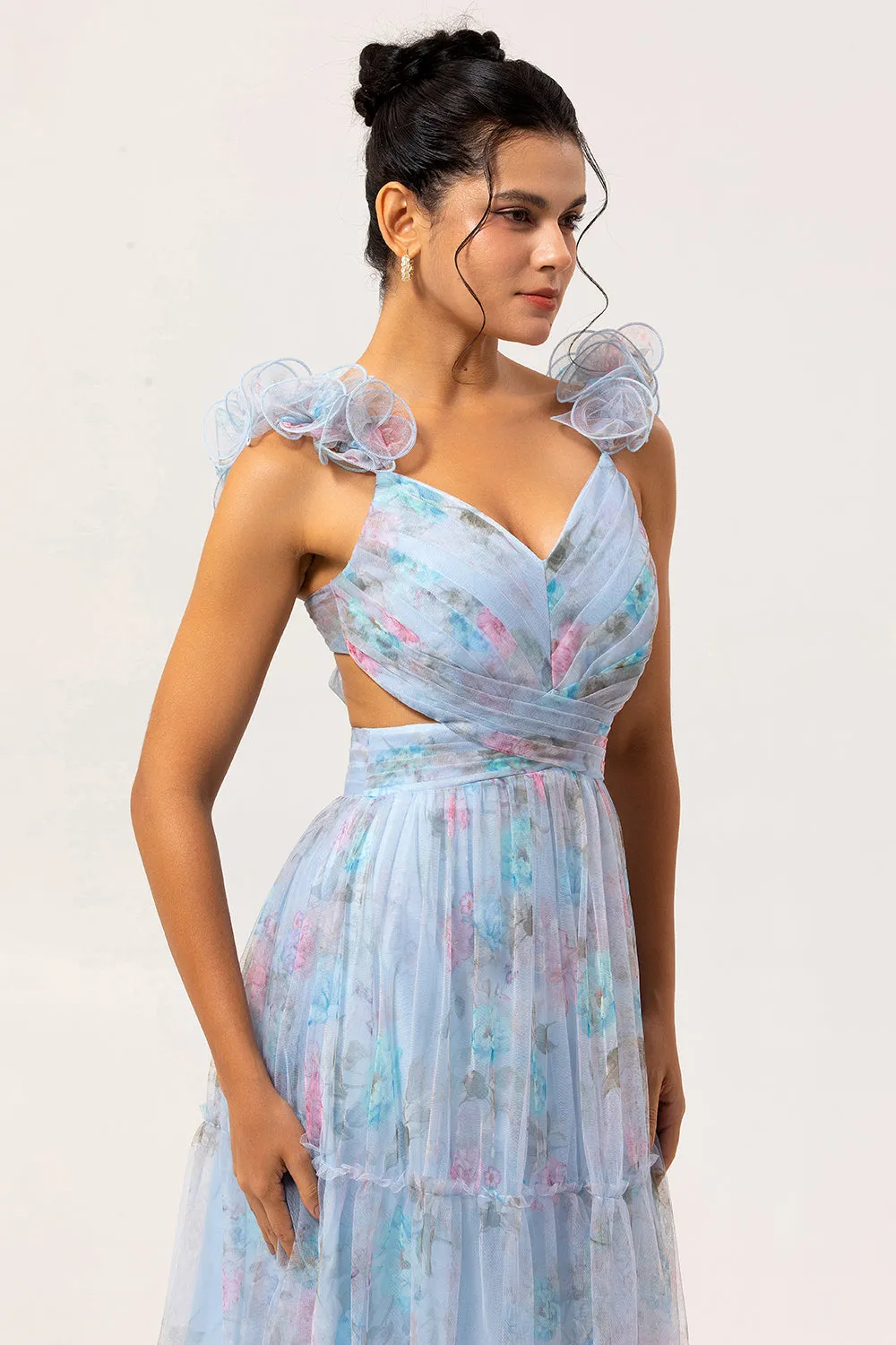 Blue A Line Cut Out Floral Long Bridesmaid Dress sold by Zapaka product image thumbnail 5