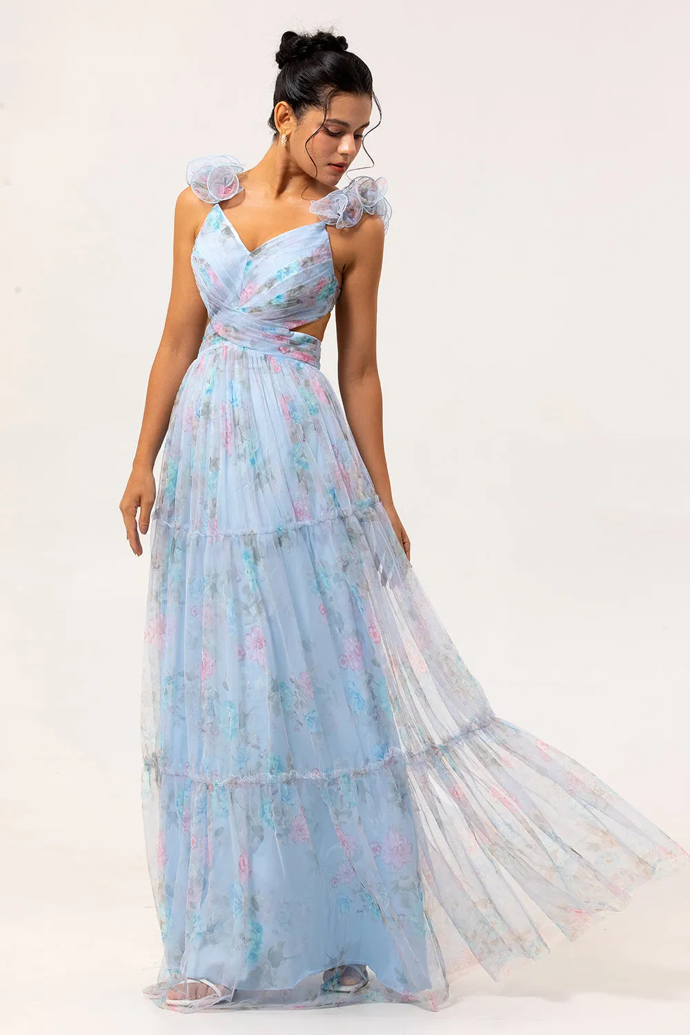 Blue A Line Cut Out Floral Long Bridesmaid Dress sold by Zapaka product image thumbnail 3