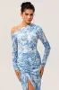 One Shoulder Sheath Blue Flower Long Sleeves Bridesmaid Dress with Slit sold by Zapaka