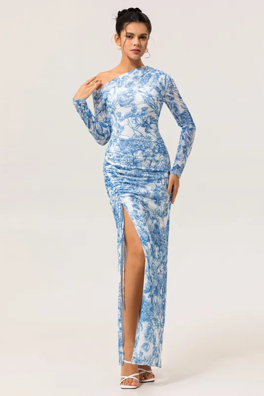 One Shoulder Sheath Blue Flower Long Sleeves Bridesmaid Dress with Slit sold by Zapaka