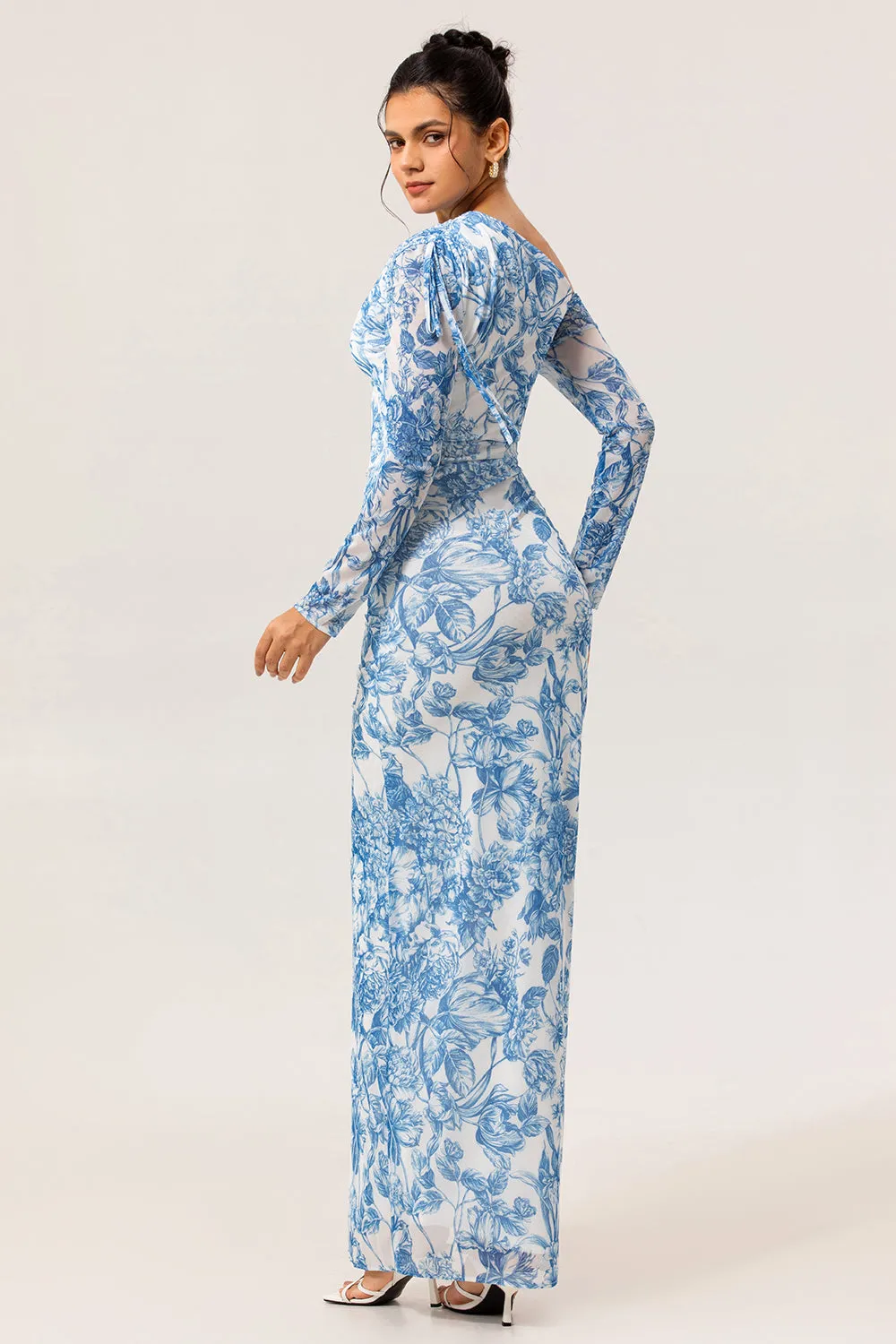 One Shoulder Sheath Blue Flower Long Sleeves Bridesmaid Dress with Slit sold by Zapaka product image thumbnail 2