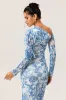 One Shoulder Sheath Blue Flower Long Sleeves Bridesmaid Dress with Slit sold by Zapaka