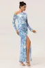 One Shoulder Sheath Blue Flower Long Sleeves Bridesmaid Dress with Slit sold by Zapaka