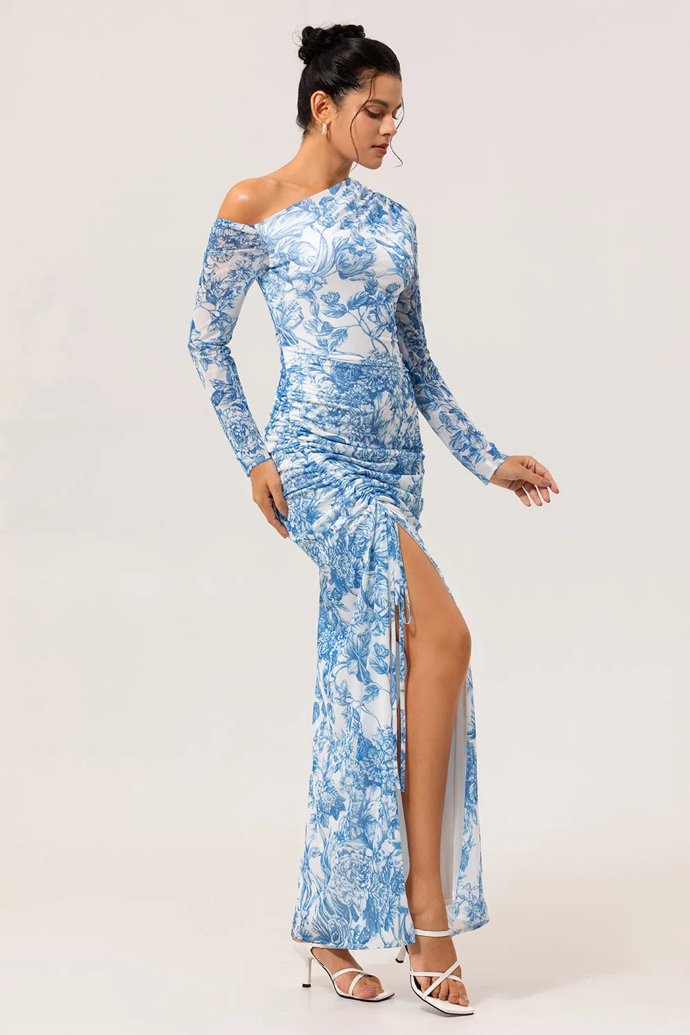 One Shoulder Sheath Blue Flower Long Sleeves Bridesmaid Dress with Slit sold by Zapaka product image thumbnail 3