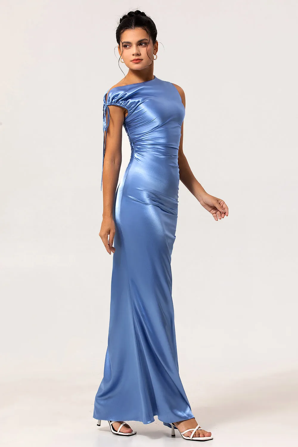 One Shoulder Blue Satin Sheath Bridesmaid Dress with Slit sold by Zapaka product image thumbnail 3