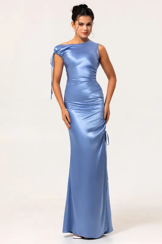 One Shoulder Blue Satin Sheath Bridesmaid Dress with Slit sold by Zapaka
