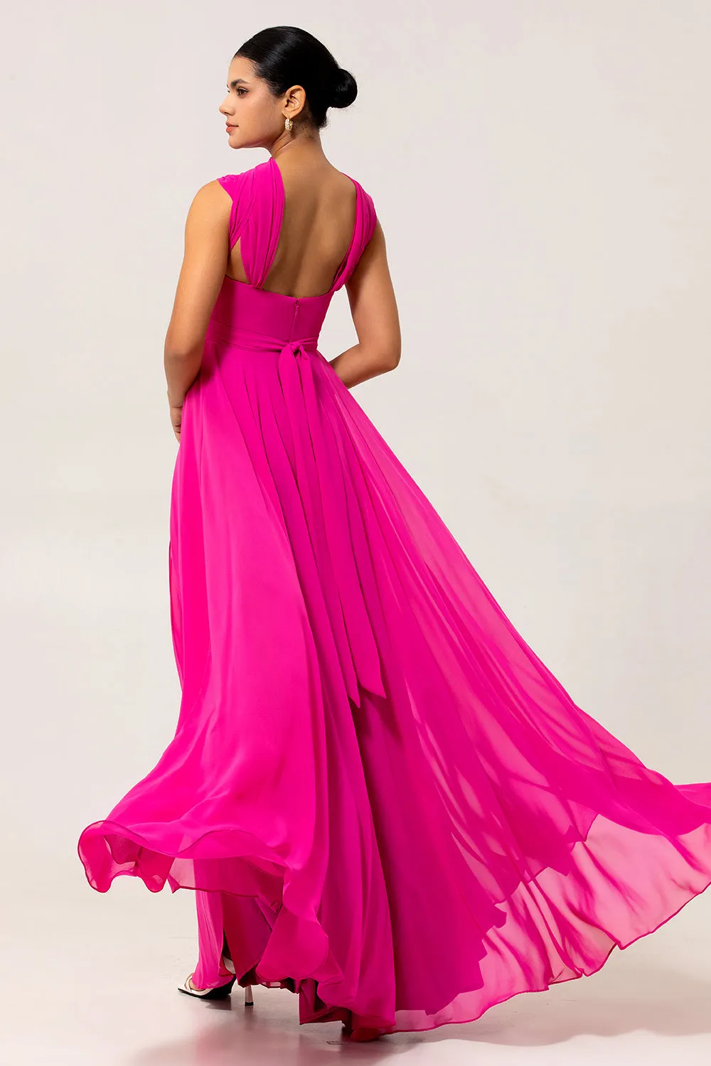 Fuchsia A Line Convertible Chiffon Long Bridesmaid Dress with Slit sold by Zapaka product image thumbnail 2