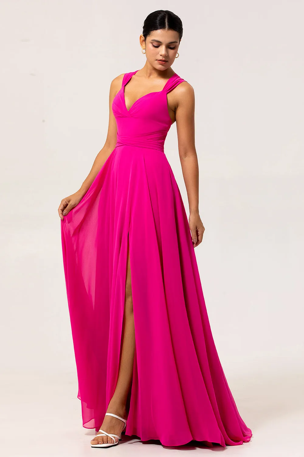 Fuchsia A Line Convertible Chiffon Long Bridesmaid Dress with Slit sold by Zapaka product image thumbnail 3