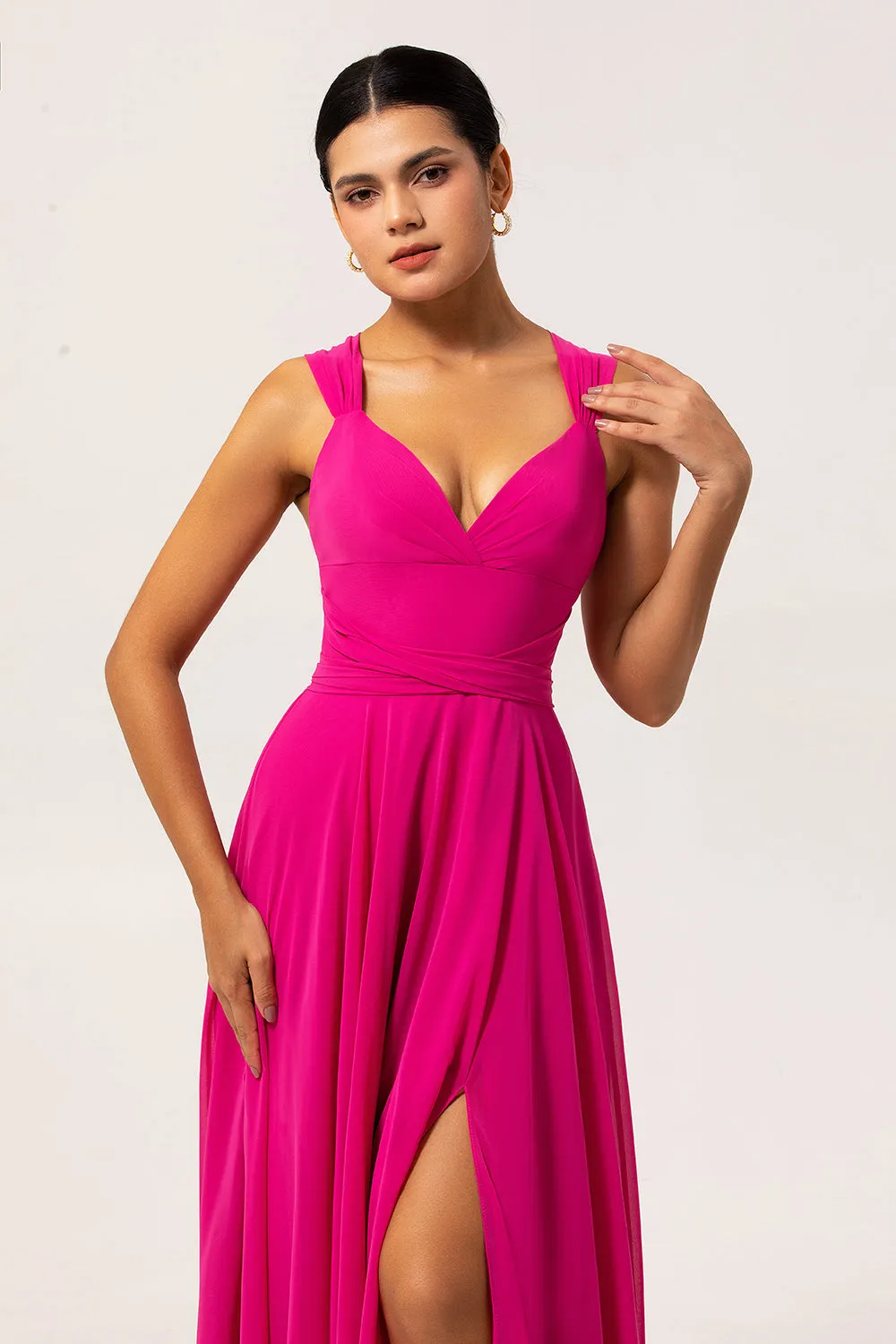 Fuchsia A Line Convertible Chiffon Long Bridesmaid Dress with Slit sold by Zapaka product image thumbnail 5