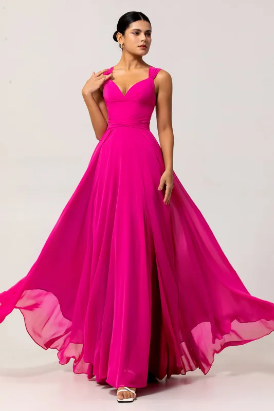 Fuchsia A Line Convertible Chiffon Long Bridesmaid Dress with Slit sold by Zapaka