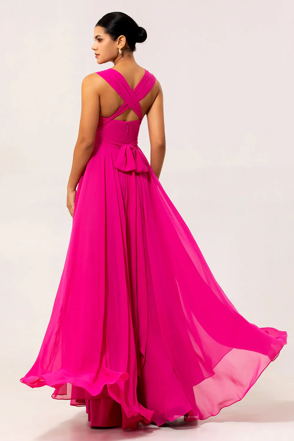 Fuchsia A Line Convertible Chiffon Long Bridesmaid Dress with Slit sold by Zapaka product image thumbnail 4