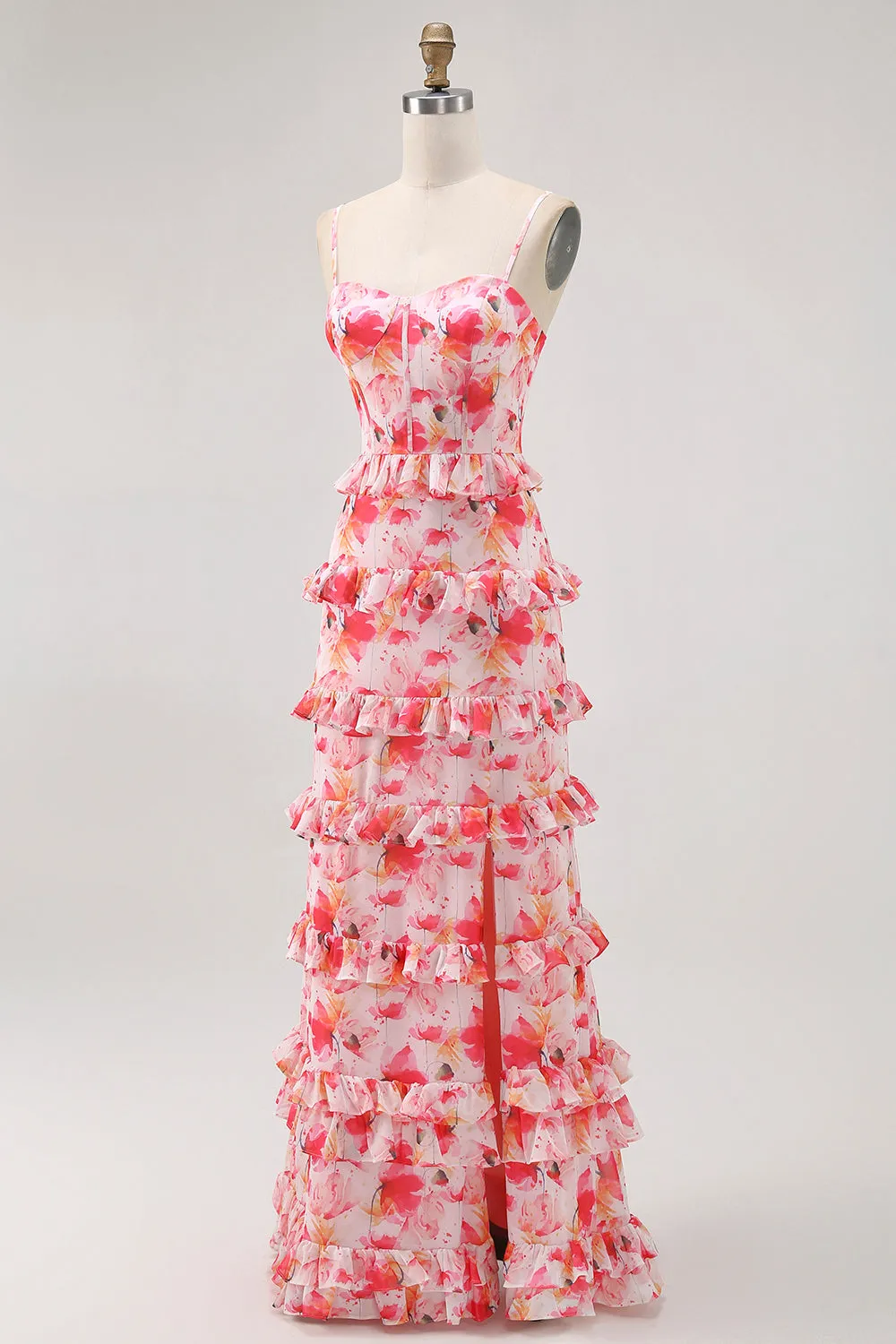 Pink Floral Ruffled Sheath Long Wedding Guest Dress with Slit sold by Zapaka product image thumbnail 3