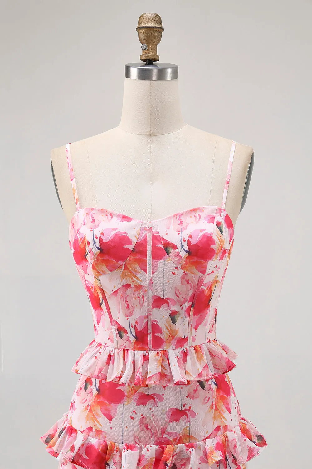 Pink Floral Ruffled Sheath Long Wedding Guest Dress with Slit sold by Zapaka product image thumbnail 4