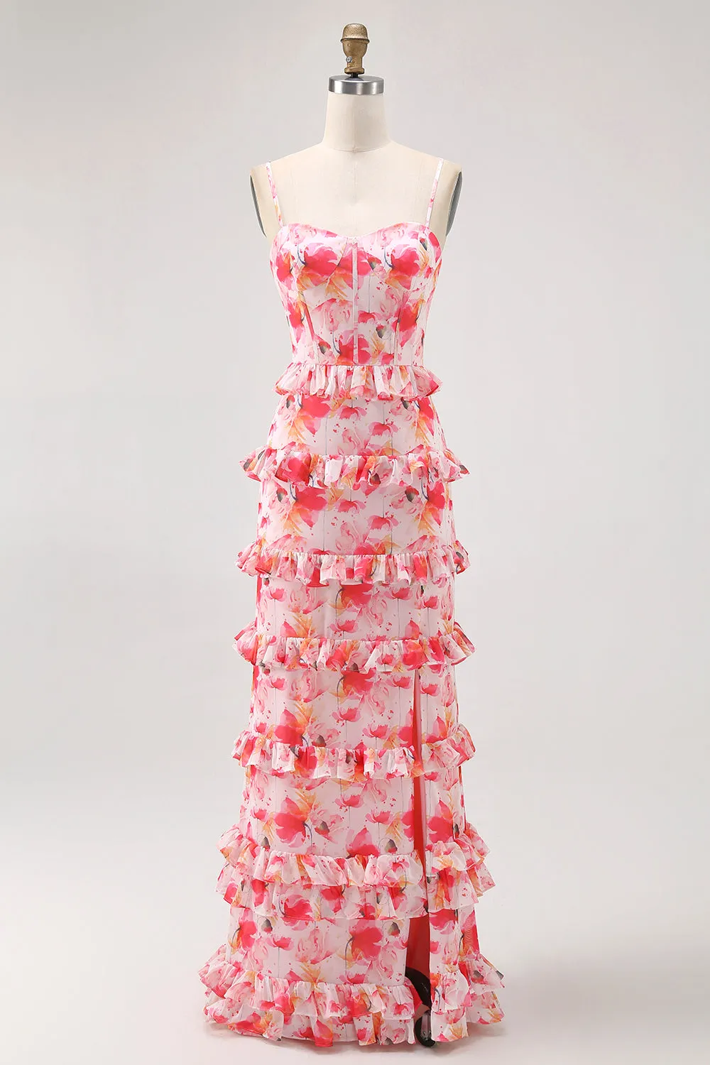 Pink Floral Ruffled Sheath Long Wedding Guest Dress with Slit sold by Zapaka