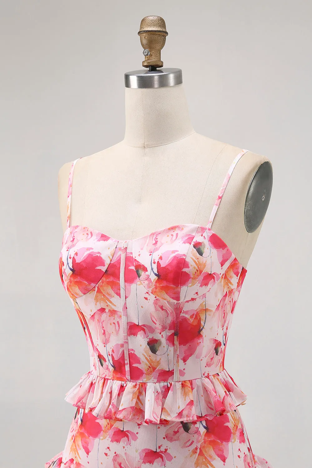 Pink Floral Ruffled Sheath Long Wedding Guest Dress with Slit sold by Zapaka product image thumbnail 5