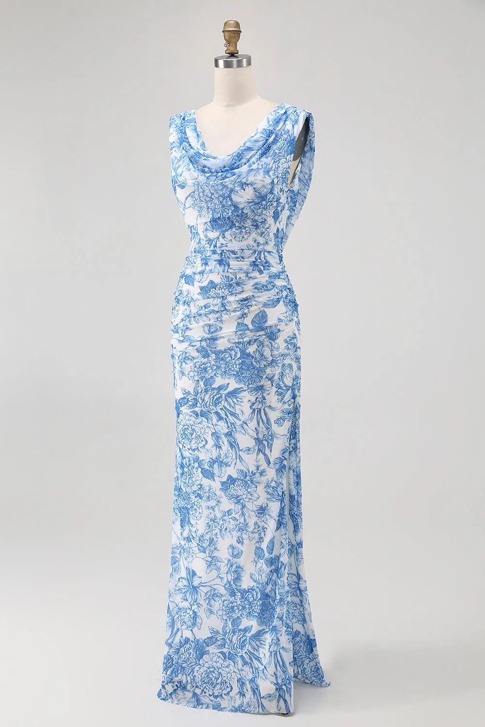 Blue Flower Cowl Neck Sheath Printed Long Bridesmaid Dress with Slit sold by Zapaka product image thumbnail 3