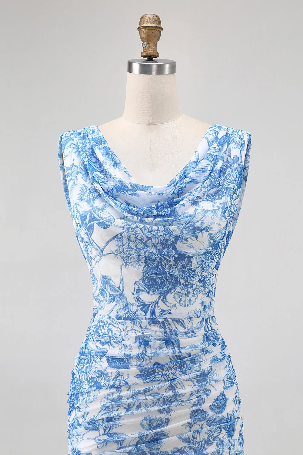 Blue Flower Cowl Neck Sheath Printed Long Bridesmaid Dress with Slit sold by Zapaka product image thumbnail 4