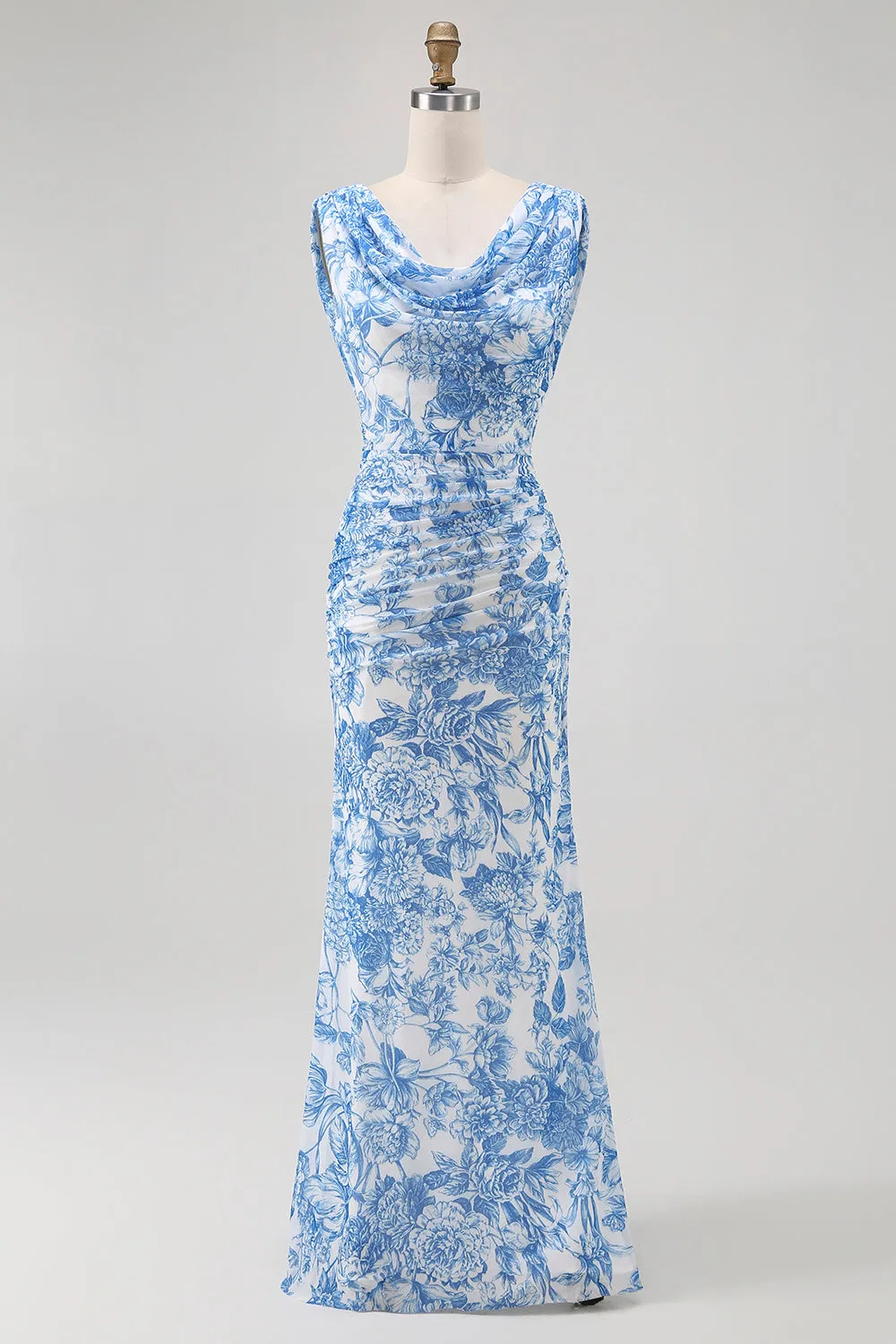 Blue Flower Cowl Neck Sheath Printed Long Bridesmaid Dress with Slit sold by Zapaka