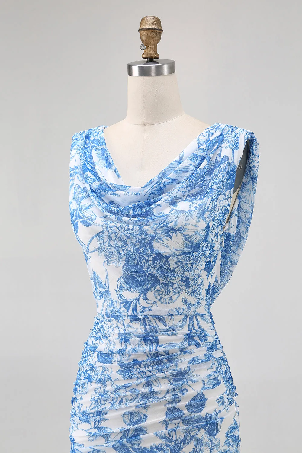 Blue Flower Cowl Neck Sheath Printed Long Bridesmaid Dress with Slit sold by Zapaka product image thumbnail 5