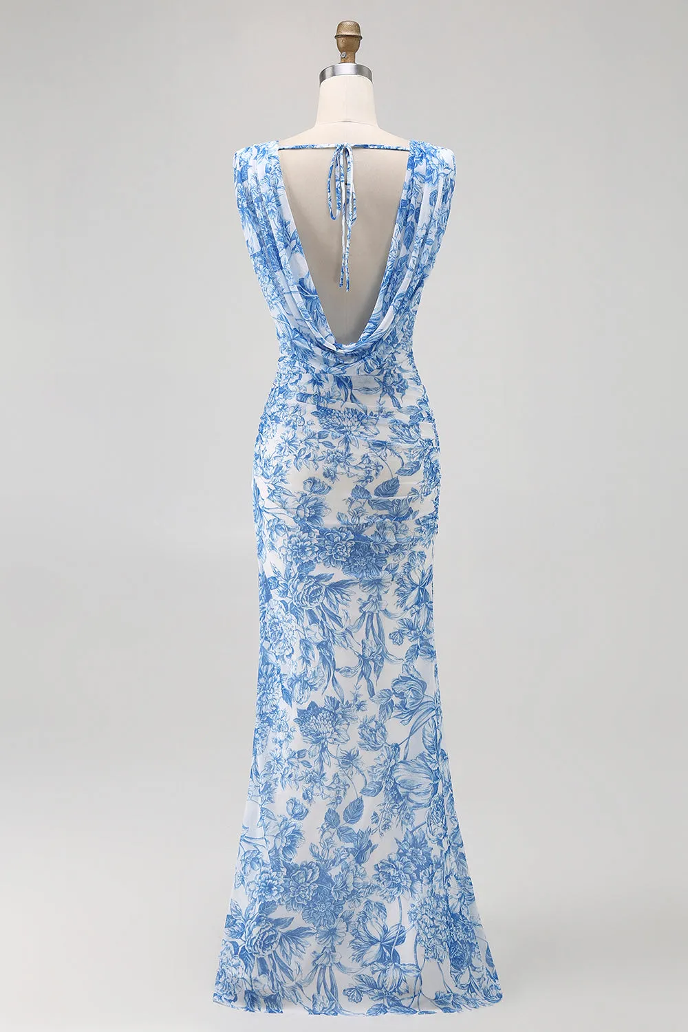 Blue Flower Cowl Neck Sheath Printed Long Bridesmaid Dress with Slit sold by Zapaka product image thumbnail 2