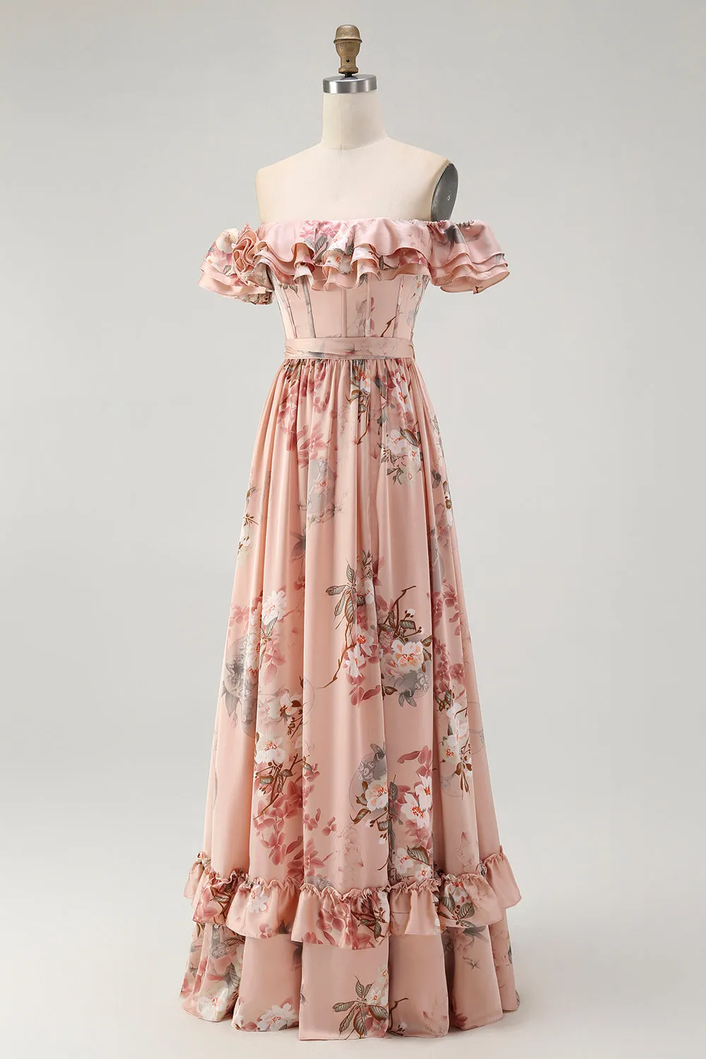 Blush Floral Off The Shoulder A Line Ruffled Bridesmaid Dress sold by Zapaka product image thumbnail 3