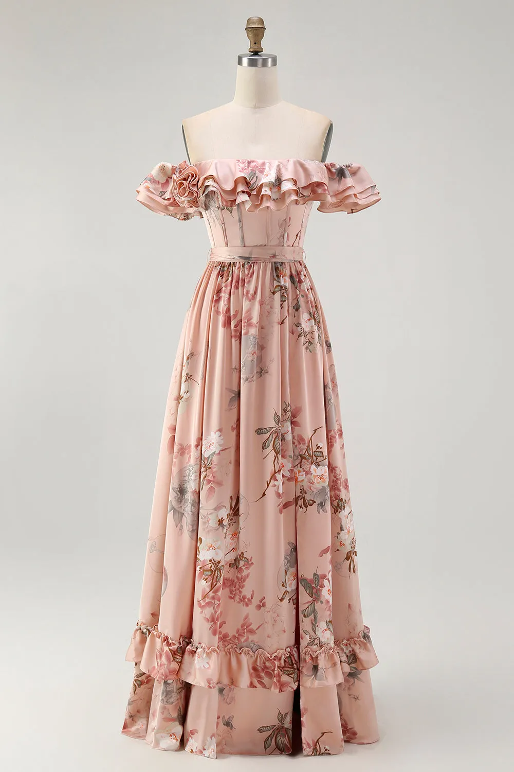 Blush Floral Off The Shoulder A Line Ruffled Bridesmaid Dress sold by Zapaka