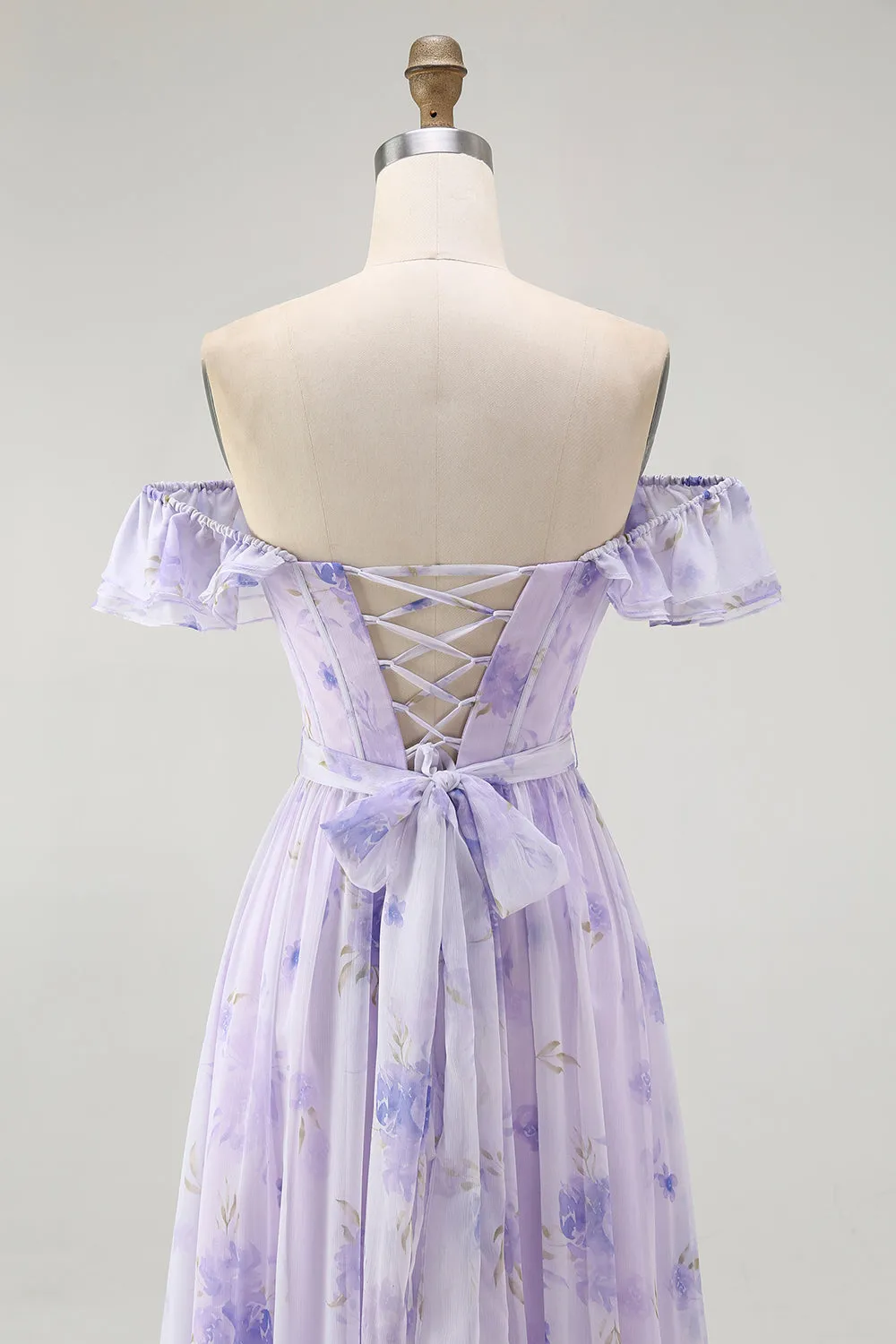 Lavender Floral Ruffled Off The Shoulder A Line Bridesmaid Dress sold by Zapaka product image thumbnail 5