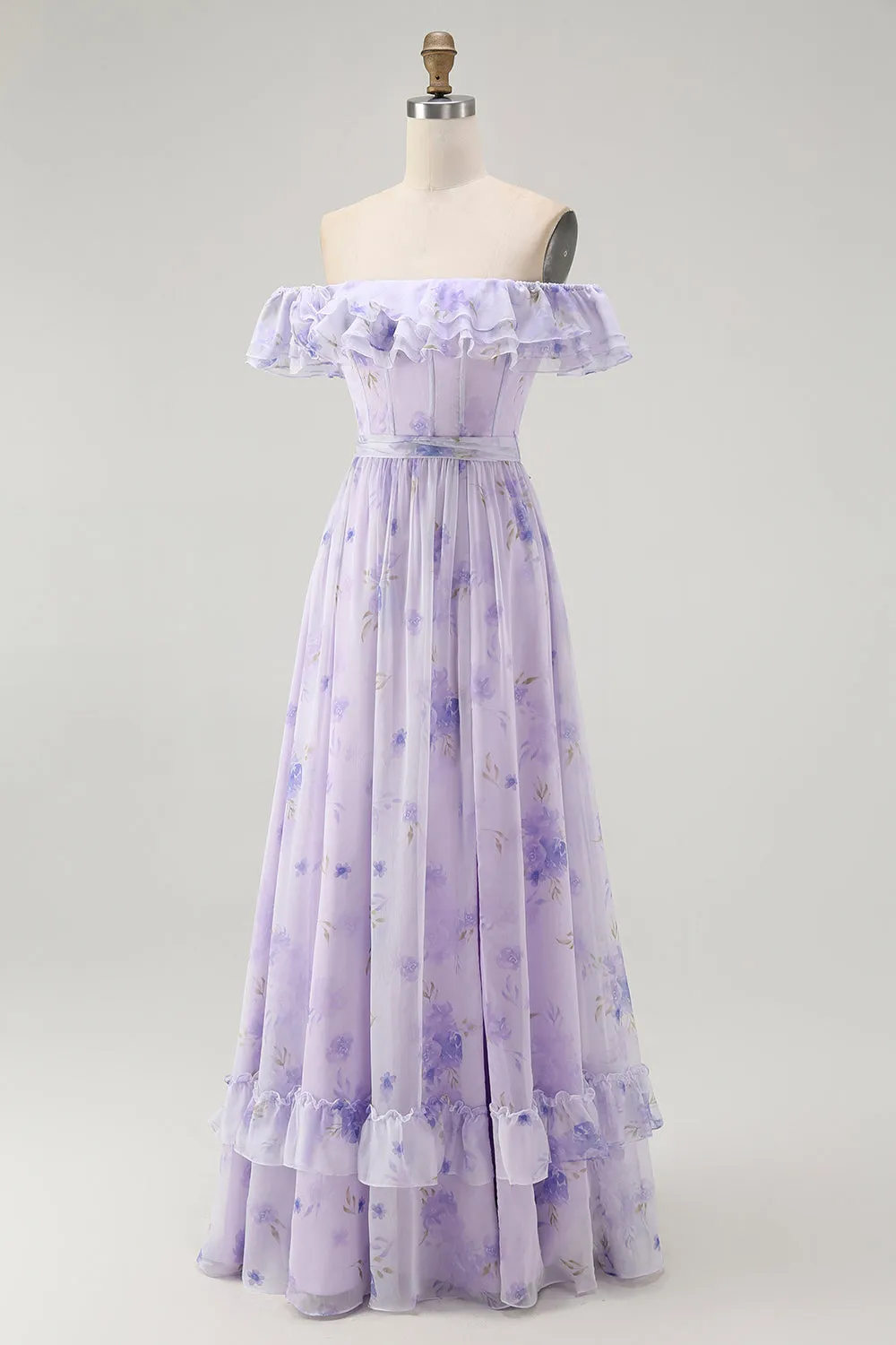 Lavender Floral Ruffled Off The Shoulder A Line Bridesmaid Dress sold by Zapaka product image thumbnail 3