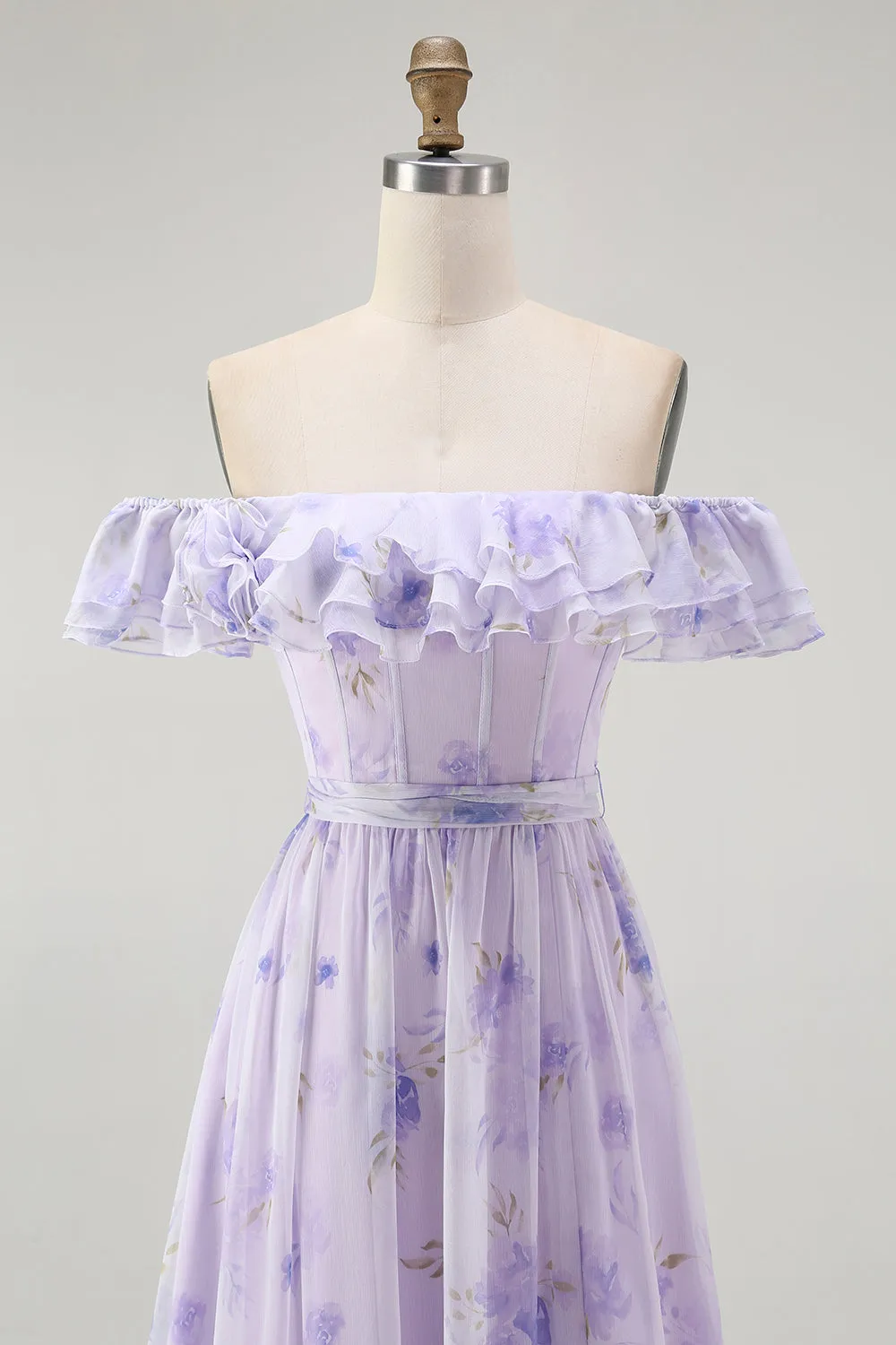 Lavender Floral Ruffled Off The Shoulder A Line Bridesmaid Dress sold by Zapaka product image thumbnail 4