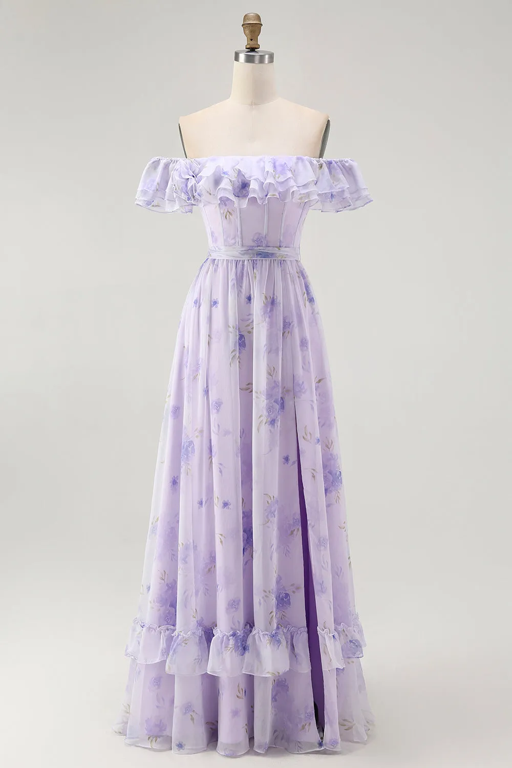 Lavender Floral Ruffled Off The Shoulder A Line Bridesmaid Dress sold by Zapaka