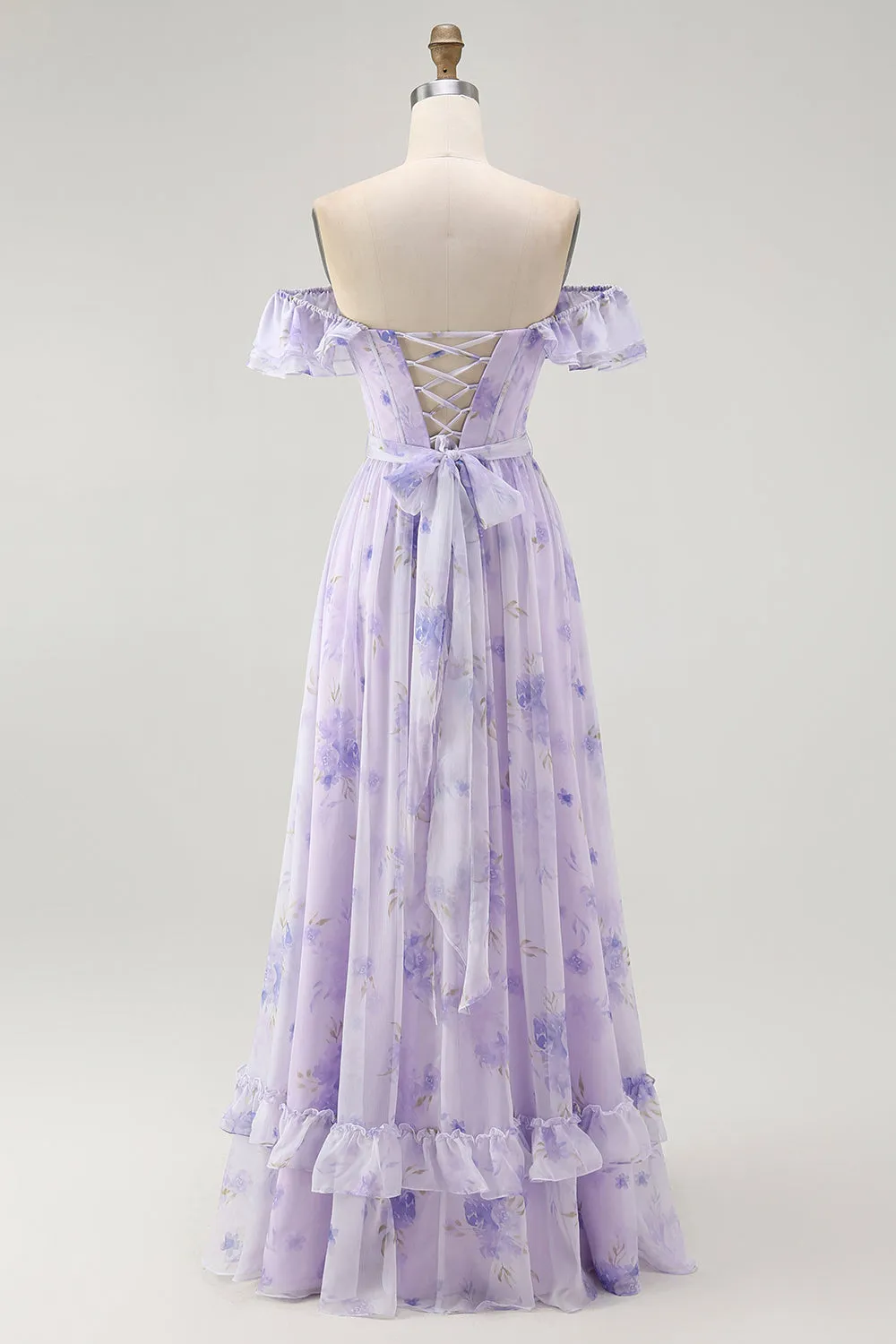 Lavender Floral Ruffled Off The Shoulder A Line Bridesmaid Dress sold by Zapaka product image thumbnail 2