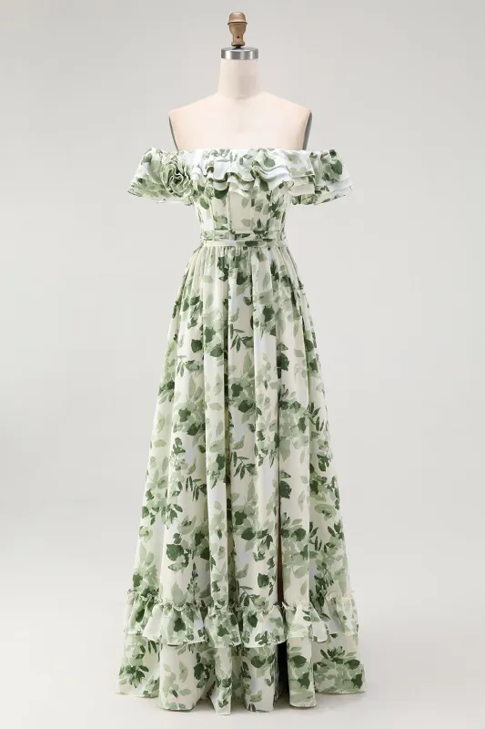 Green Floral A Line Off The Shoulder Ruffled Bridesmaid Dress sold by Zapaka